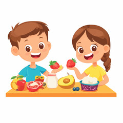 Two children happily enjoying healthy fruits and yogurt at a table.