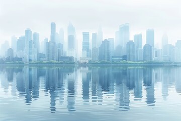Naklejka premium City skyline reflection at dawn with mist hovering over water and buildings creating a serene atmosphere in a modern urban landscape
