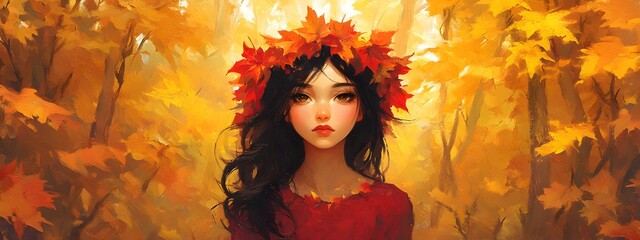 A girl with autumn leaves in her hair, surrounded by golden and red foliage, in the style of Chinese painting