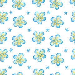 Watercolor pattern with abstract watercolor elements. Blue and yellow textures on a white background. Background, design elements. Star, heart, spots, circles, drops, flowers, fish skeleton, textures