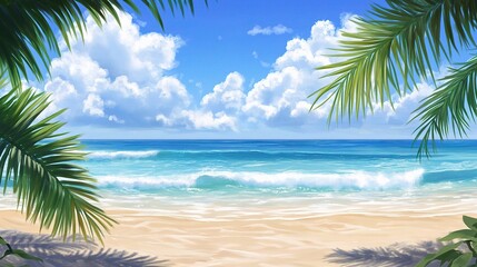 Serene Tropical Beach with Palm Fronds