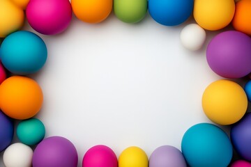 Colorful frame of round balloons with white background. Balloons are of different colors, sizes, creating a vibrant and playful atmosphere. 3d inflated colorful effect frame against white background