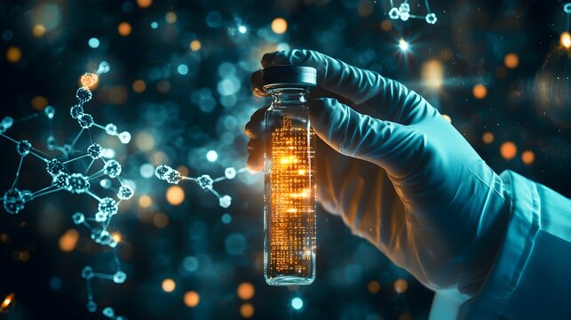 Scientist Holding Glowing DNA Vial Representing Liquid Data Storage Potential