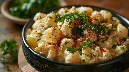 A close-up of potato salad with a sprinkle of paprika and fresh parsley