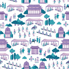 역사적으로 특별한 행사를 기록으로 남긴 한국의 풍속화를 현대적으로 다시 그린 끊김없는 패턴 벡터 일러스트레이션	