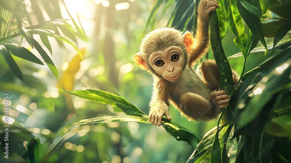 Wall mural virtual pet monkey mimicking user s movements in digital jungle habitat