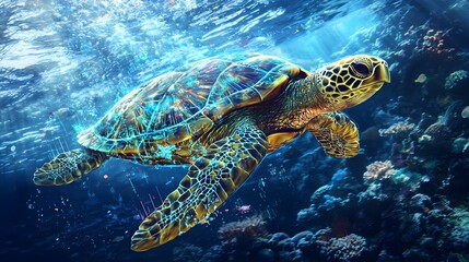 Fototapeta premium Virtual Aquatic Adventure A Digital Turtle Explores an Underwater World of Puzzles and Treasures