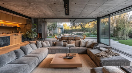Fototapeta premium Spacious minimalist living room with an open floor plan, a single coffee table, and large windows framing outdoor views