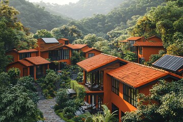 Fototapeta premium A hillside village of red-roofed houses surrounded by lush green foliage.