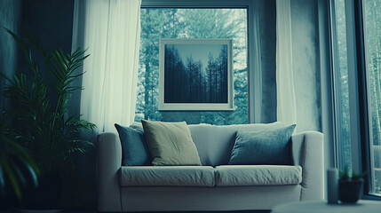 Obraz premium Spacious minimalist loft with raw concrete walls, a simple fabric sofa, and modern industrial-style artwork