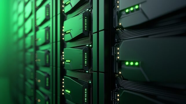 Massive GPU farm, connected by data streams, 3D illustration