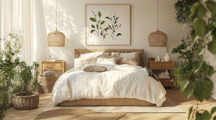 Elegant and Cozy Modern Bedroom Interior Design with Stylish Decor, mockup, poster and Background