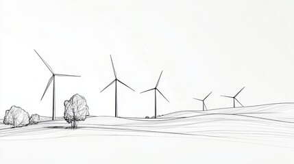Minimalist continuous line drawing depicting wind turbines on a landscape, symbolizing clean energy, sustainability, and environmental conservation. Ideal for eco-friendly designs.