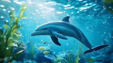 Playful Dolphin Swimming in Vibrant Underwater Fantasy World