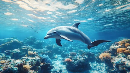 Obraz premium Playful Dolphin Exploring Vibrant Underwater Aquatic World