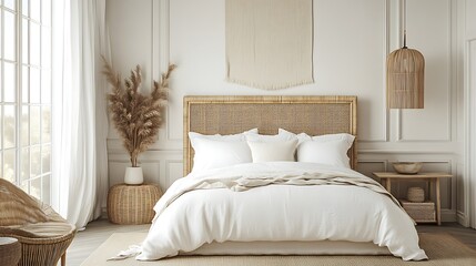Fototapeta premium Elegant and Cozy Modern Bedroom Interior Design with Stylish Decor, mockup, poster and Background
