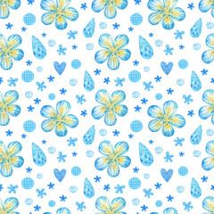 Watercolor pattern with abstract watercolor elements. Blue and yellow textures on a white background. Background, design elements. Star, heart, spots, circles, drops, flowers, fish skeleton, textures
