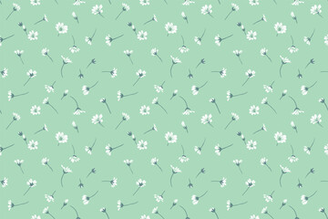 Pastel mint green seamless pattern with scattered randomly tiny flowers and small buds. Abstract artistic wild floral print. Vector hand drawing sketch. Design for fashion, fabric, textiles