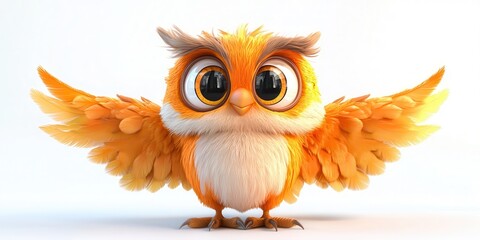Fototapeta premium Adorable cartoon owl with vibrant orange feathers and big eyes spreading its wings on a white background.