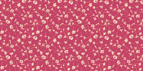 Elegant pattern with tiny flowers and small buds. Abstract artistic floral seamless print on a burgundy background. . Vector hand drawing sketch. Design for fashion, fabric, wallpaper, textiles,