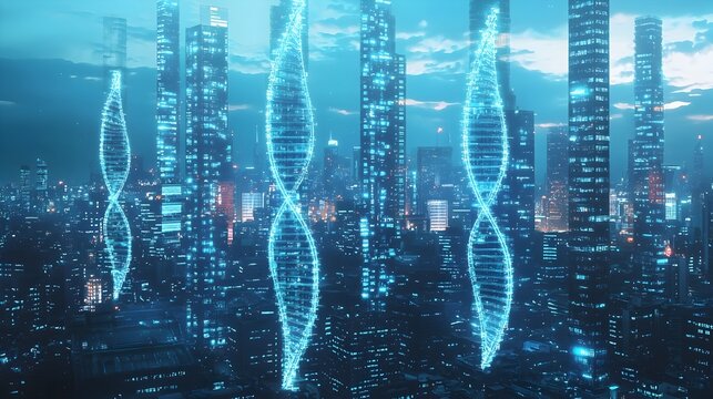 Futuristic City with Towering DNA Strand Holograms Symbolizing Biological Data Storage