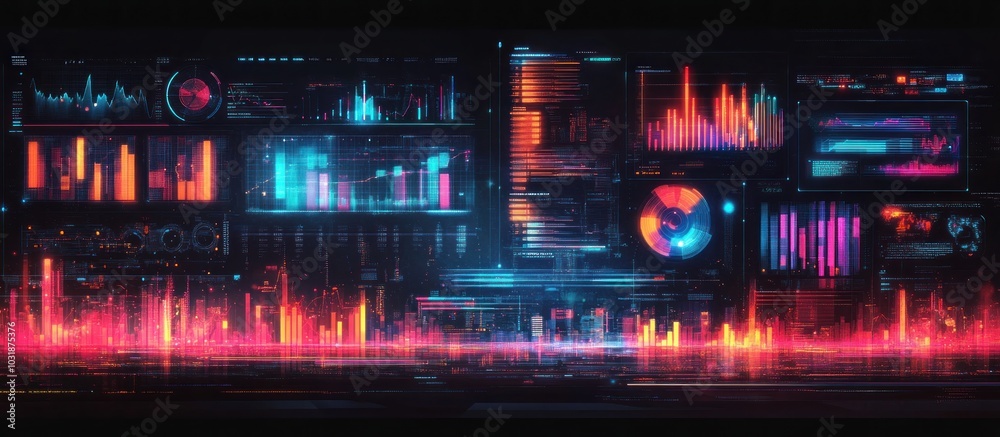 Wall mural futuristic digital interface with graphs, charts, and data visualizations in neon colors.