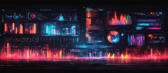 Fototapeta premium Futuristic digital interface with graphs, charts, and data visualizations in neon colors.
