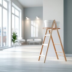 Renovation Concept Wooden Ladder, Buckets, Empty Room, Bright Interior, Large Windows.