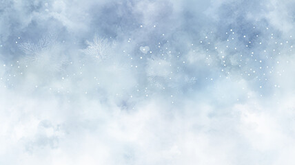 watercolor landscape winter, snow, snowfall view with copy space, empty banner, postcard for the new year