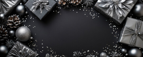 A festive Christmas banner featuring silver gift boxes, ornaments, pine cones, and glitter on a black background, creating a glamorous and elegant atmosphere. Copy space.