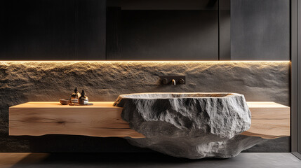 Obraz premium Zen minimalist bathroom featuring a large wooden vanity, stone vessel sink, and soft, diffused lighting for a peaceful feel