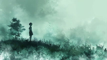 Fototapeta premium a child on a green hill, watercolor illustration isolated on a white background, eco-concept