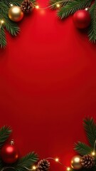 festive Christmas-themed border frame mock up composed of green fir branches red gold baubles Christmas lights pine cones on red background. seasonal promotions, e-commerce, vertical header concept