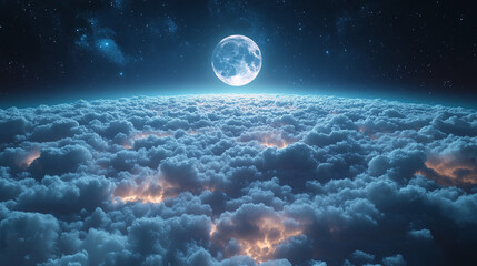 Close up view of a night full Moon reveals its rugged terrain, with craters, mountains, and valleys