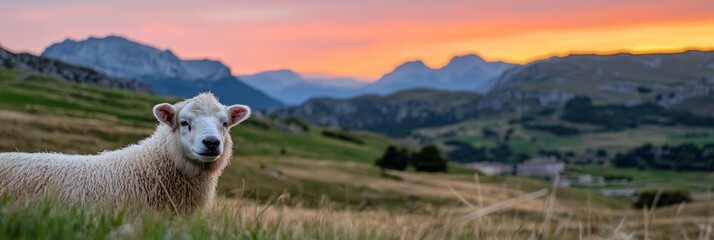 Fototapeta premium A tight shot of a sheep in a field against a backdrop of distant mountain ranges and a rosy pink sky