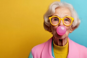elderly woman blowing a pink bubble gum, wearing yellow glasses and a pastel-colored jacket, with vibrant colors against a solid color background
