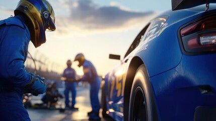 Fototapeta premium Focused pit crew members prepare for their next move as they surround a blue race car, the sun setting over the intense Nascar track.