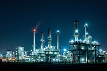 Fototapeta premium Panoramic night view of an electric power station with bright lights illuminating its towers, pipes, and machinery. The dark, starry sky adds depth to the scene.