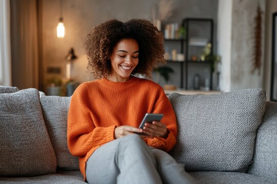 Smiling woman relaxing on a comfortable couch using smartphone