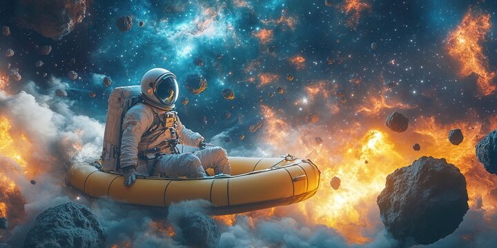 Astronaut floating in space amidst colorful nebula and asteroids, exploring the cosmic expanse in an open spacecraft. Mystical and adventurous scene.
