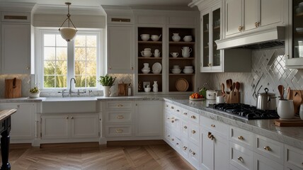 Fototapeta premium A modern kitchen with white cabinets, marble countertops, and a farmhouse sink. The kitchen features a large window, hardwood floors, and a variety of cooking tools and utensils.