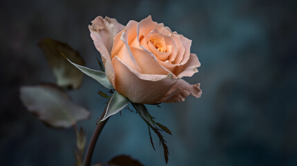 Peach Rose Close Up  Delicate Flower on Blue Background