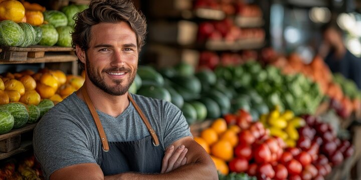 handsome man in an apron stands with his arms crossed against the background of shelves filled with fresh fruits and vegetables, smiling at camera, he is looking directly into it