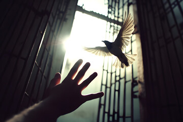 Fototapeta premium Hand releasing bird into sunlight, symbolizing freedom, hope, and new beginnings. Ideal for themes of liberation, spirituality, and personal growth