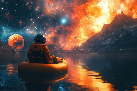 Astronaut in a spacesuit on a boat, gazing at a vibrant cosmic landscape with planets and colorful nebulas, reflected in a serene lake.
