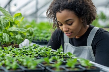 Young successful black female worker of hothouse checking small plastic container with green seedlings, growing plants in own greenhouse, Generative AI