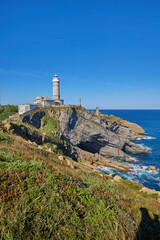 Cape Mayor lighthouse on the rocky coast in Santander, Spain.