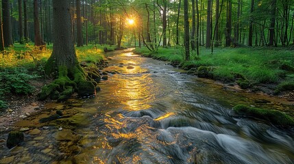 Fototapeta premium A serene forest scene with a flowing stream illuminated by sunlight.