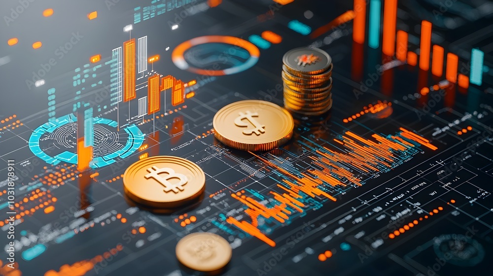 Aufkleber A captivating visual representation of financial growth and success featuring floating golden coins and data driven graphs on a sleek black background symbolizing the concepts of profit wealth