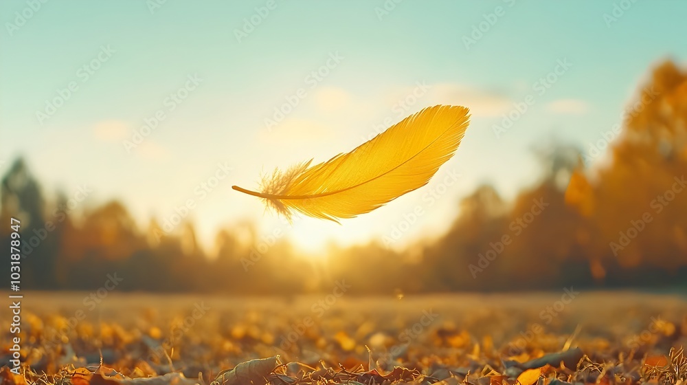 Poster A delicate bird feather gracefully floating and drifting through the air symbolizing the lightness and freedom of hope  The minimalist natural scene evokes a sense of serenity tranquility and